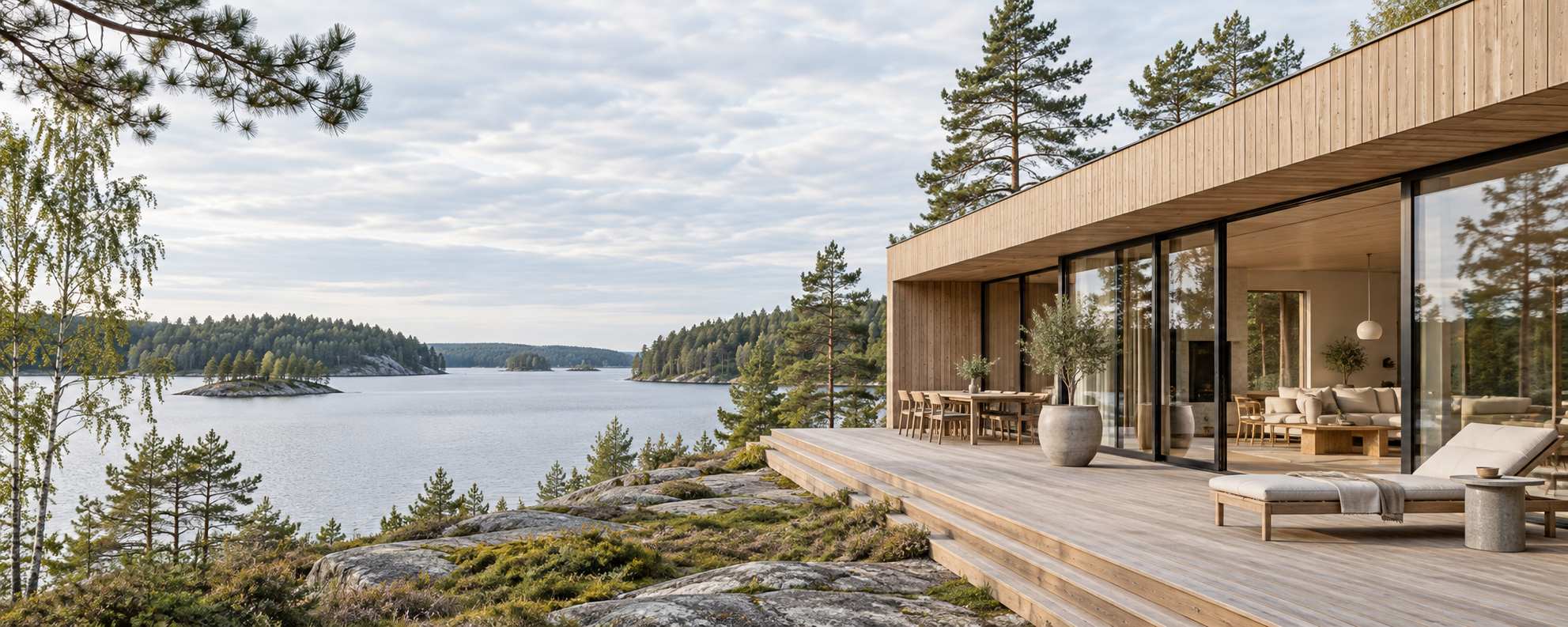 Modern träbyggnad vid en sjö